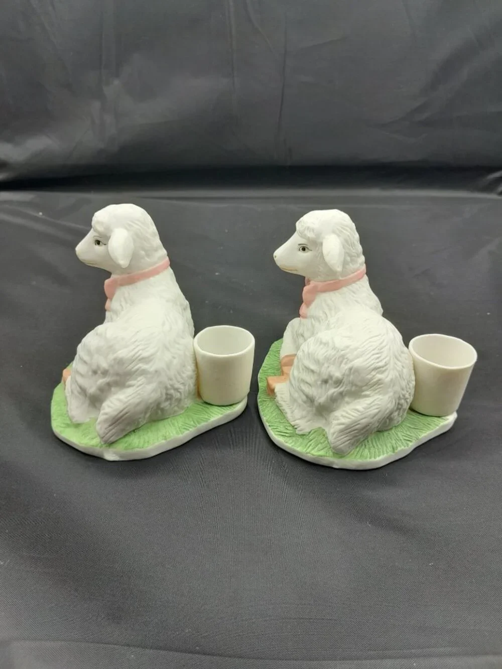 (2) WHITE LAMB PORCELAIN BISQUE TAPER CANDLE HOLDERS SPRING SUMMER EASTER VTG.